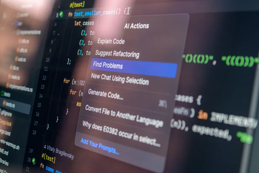An editor with an AI actions menu next to source code