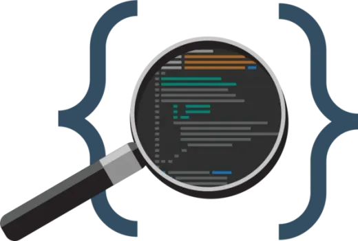 A pair of curly braces around a magnifying glass over code
